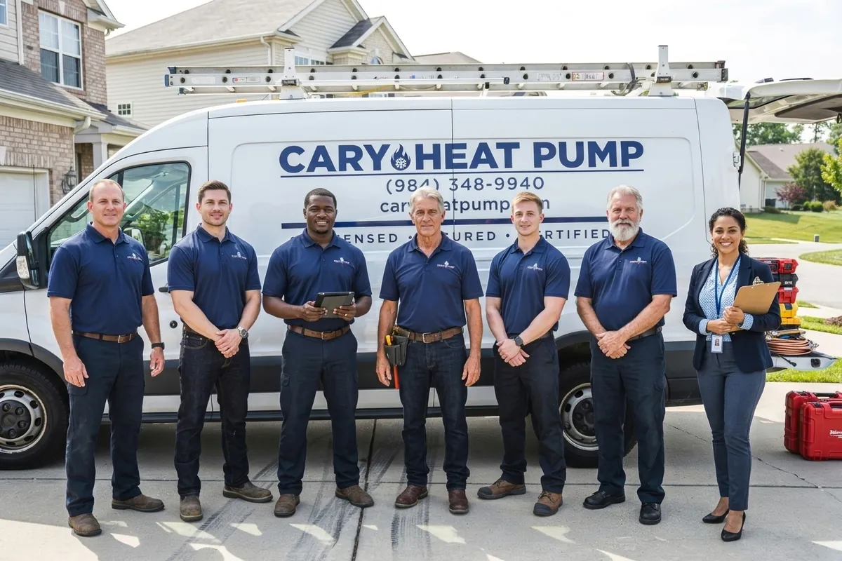 The Cary Heat Pump team, our technicians and office staff, in front of the shop in Cary, NC