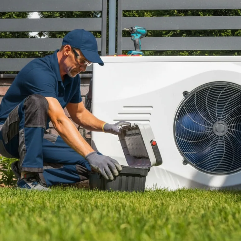 Technician installing a new heat pump system at a Cary, NC home