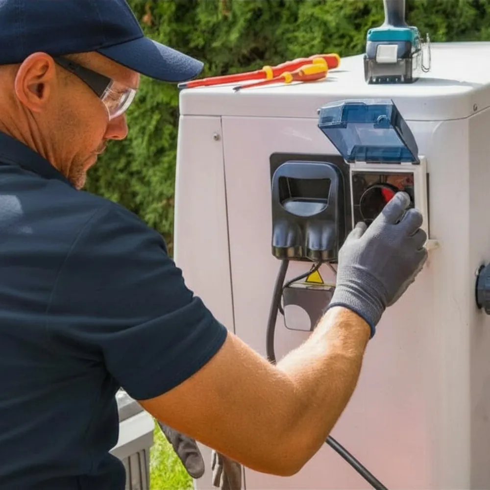 Technician performing a heat pump maintenance tune-up in Cary, NC