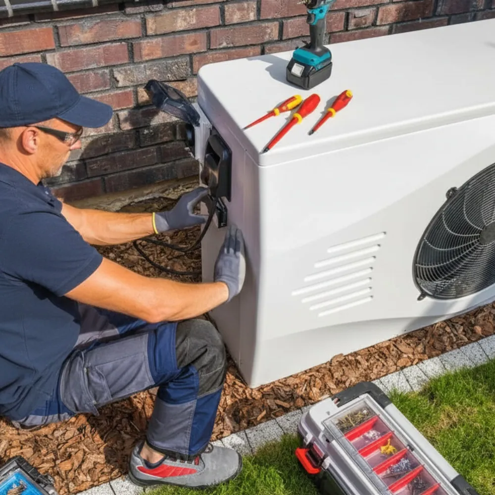 Technician repairing a heat pump outside a Cary, NC home