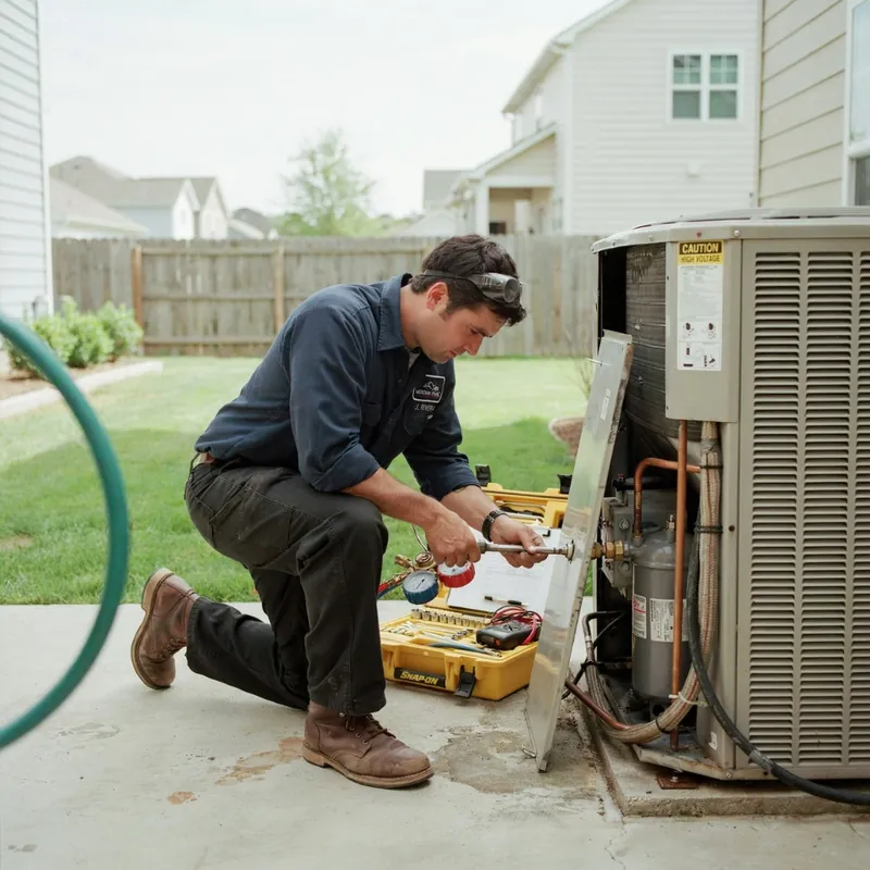 Technician repairing a heat pump compressor on a service call