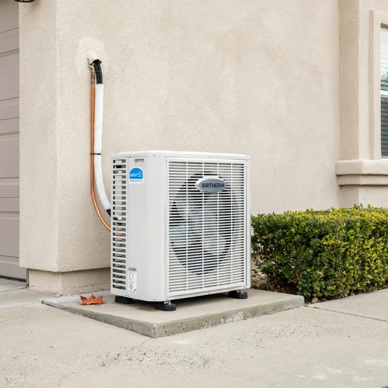 Compact heat pump unit installed on a tight side yard