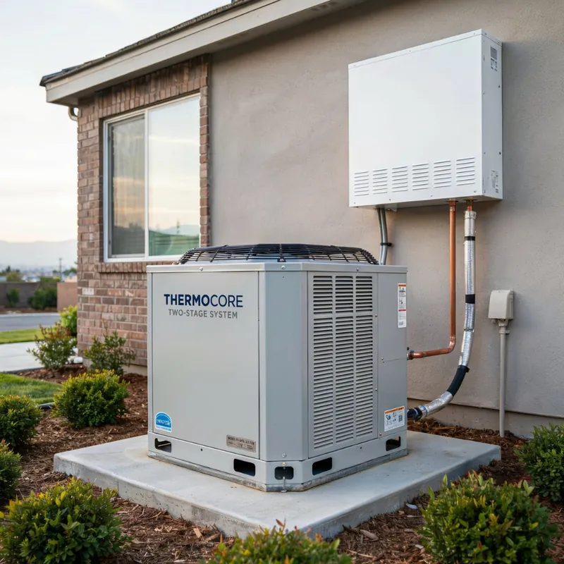 New two-stage heat pump outdoor unit installed beside a Cary home